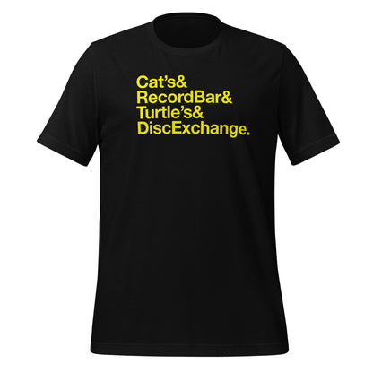 Cat's&RecordBar&Turtle's&DiscExchange unisex printed t-shirt