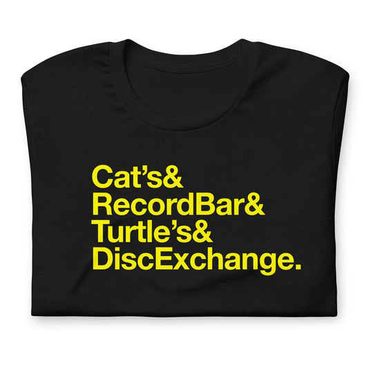 Cat's & Record Bar & Turtle's & Disc Exchange unisex printed t-shirt