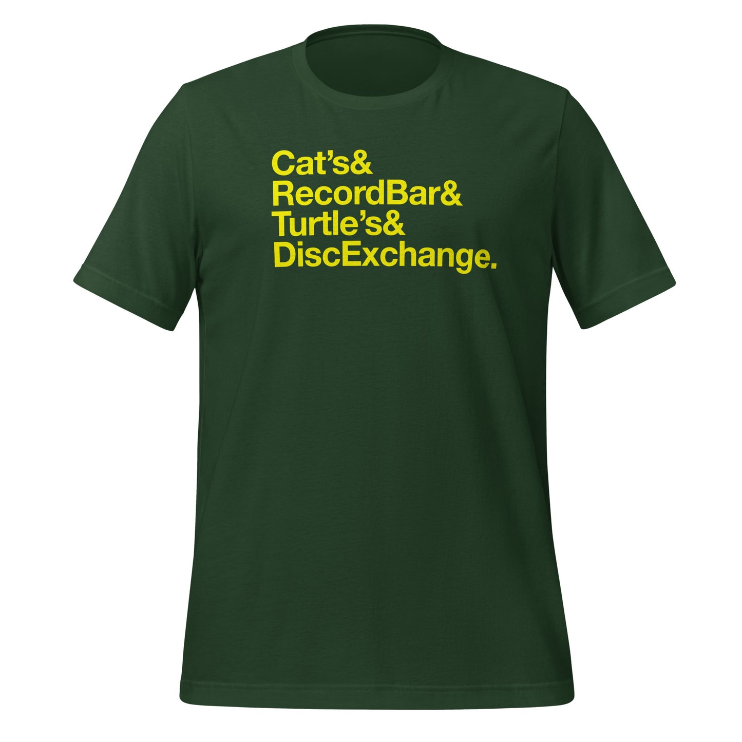 Cat's & Record Bar & Turtle's & Disc Exchange unisex printed t-shirt
