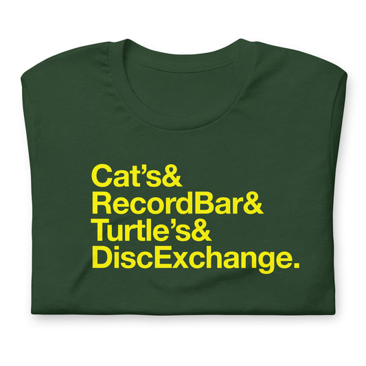 Cat's & Record Bar & Turtle's & Disc Exchange unisex printed t-shirt